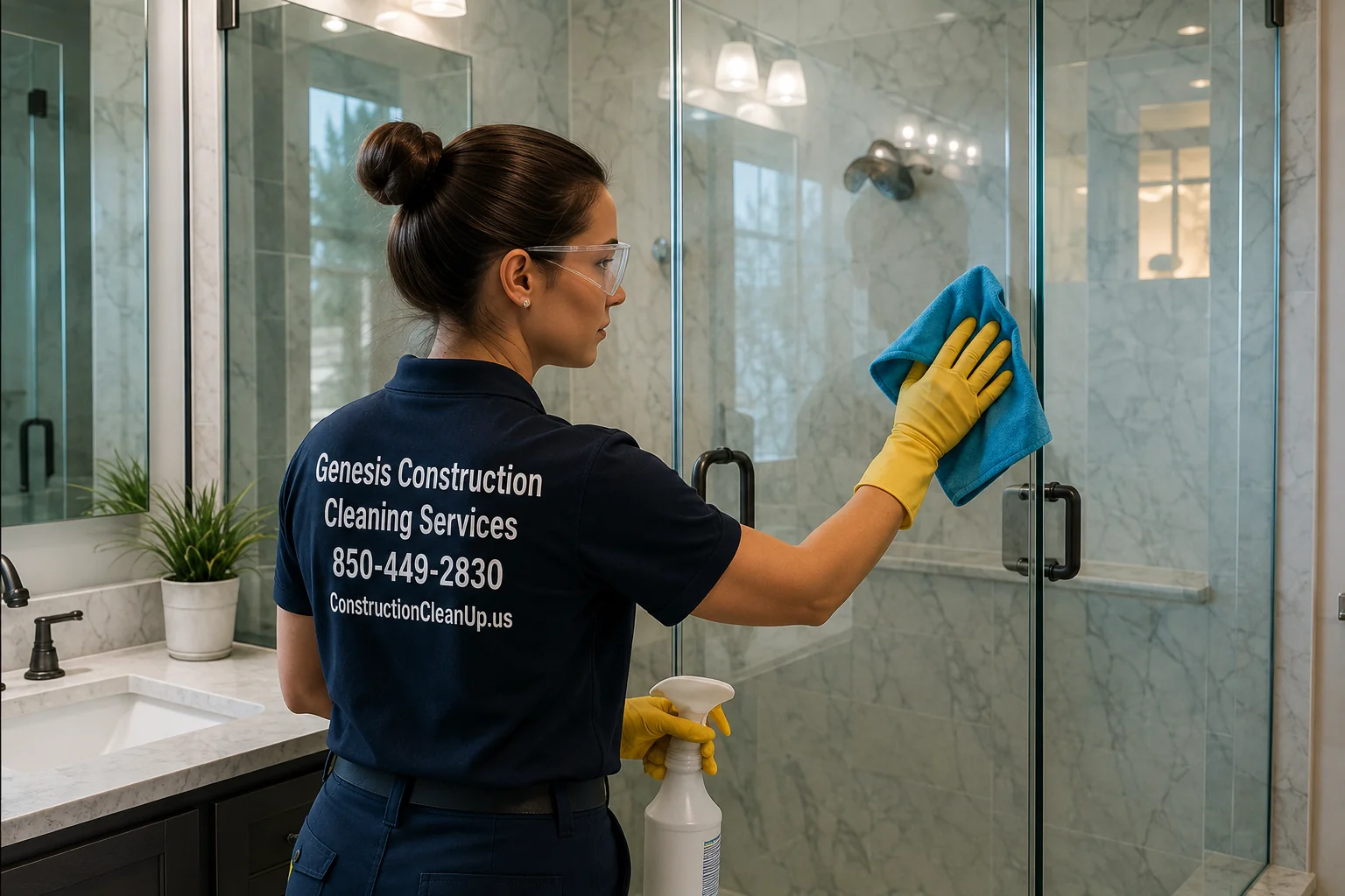 Genesis crew cleaning a glass shower during a deep clean